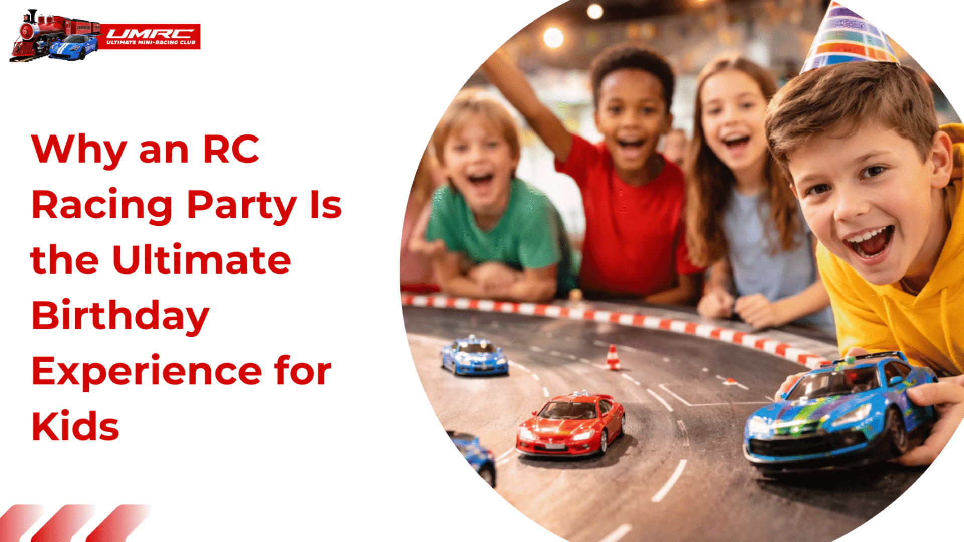 Kids celebrating a birthday while racing RC cars on a track